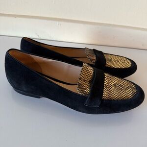 Cole Haan Grand Dakota snakeskin embossed loafers black suede gold Sz 8